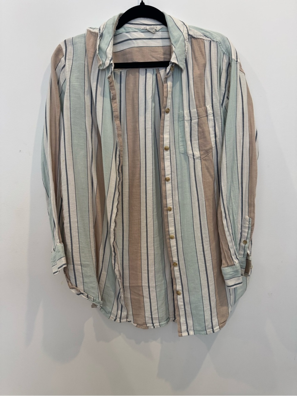 Caslon Striped Button-Down Shirt in Mint Green, Tan and White